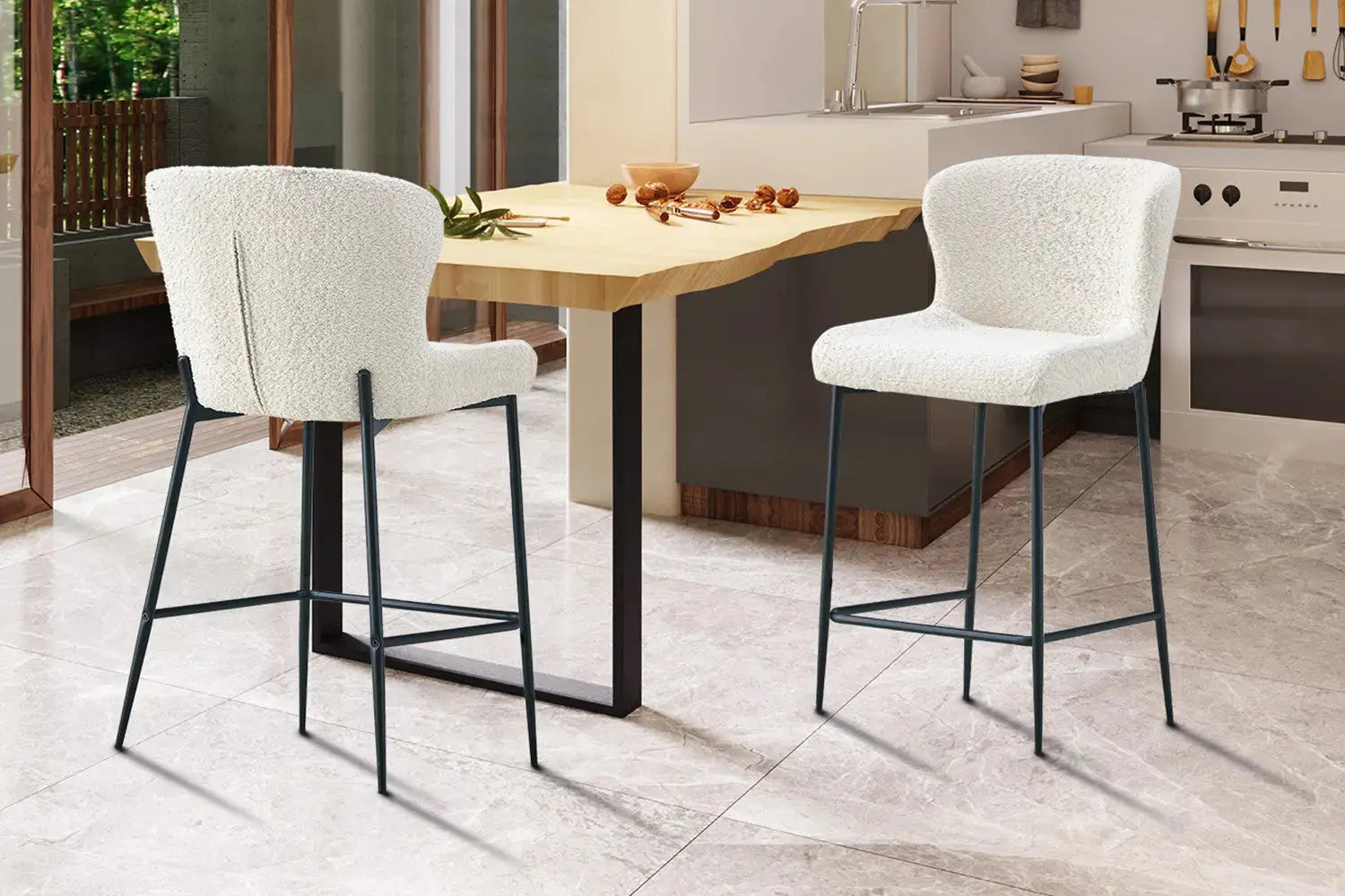 Chaise de bar LISE Écru tissu bouclé – 51,5 x 56 cm | TIKAYLA