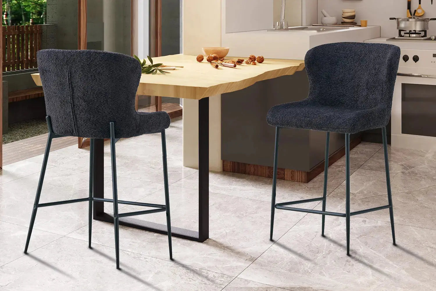 Chaise de bar LISE Gris foncé tissu bouclé – 51,5 x 56 cm | TIKAYLA