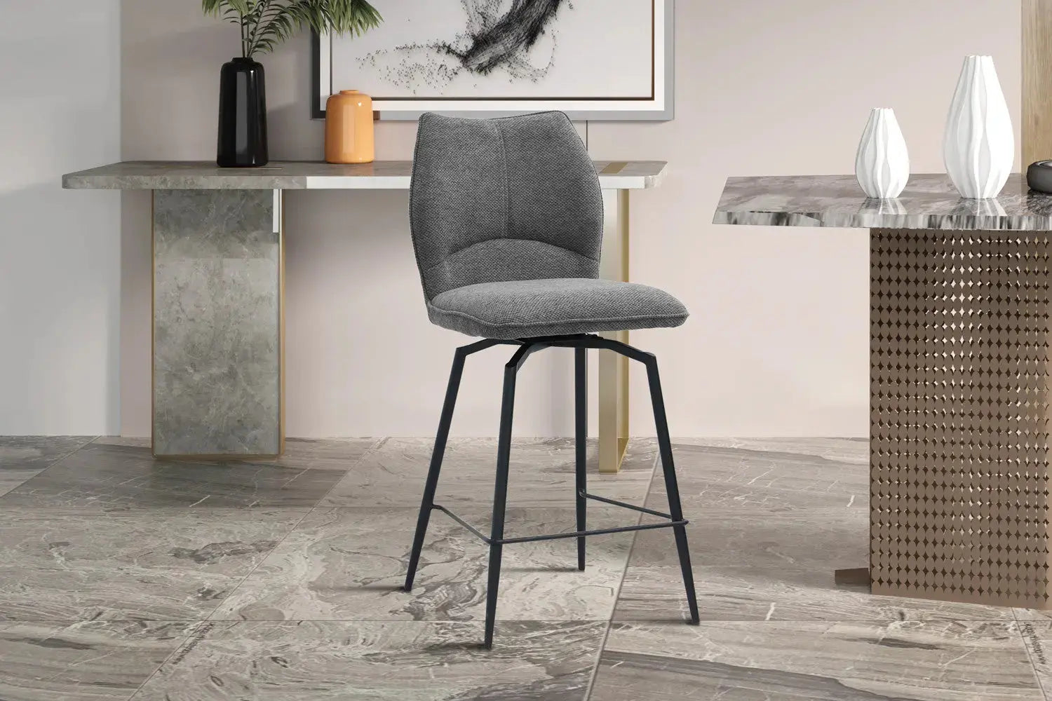 Chaise de bar LYARA Gris foncé tissu – 48 x 56 cm | TIKAYLA