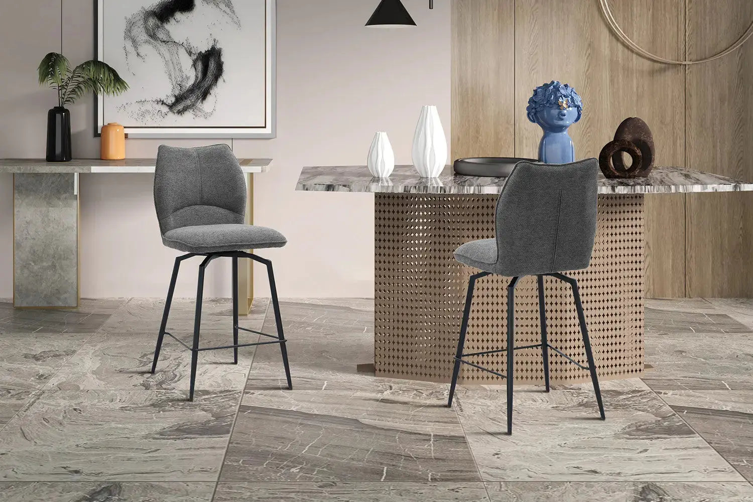 Chaise de bar LYARA Gris foncé tissu – 48 x 56 cm | TIKAYLA