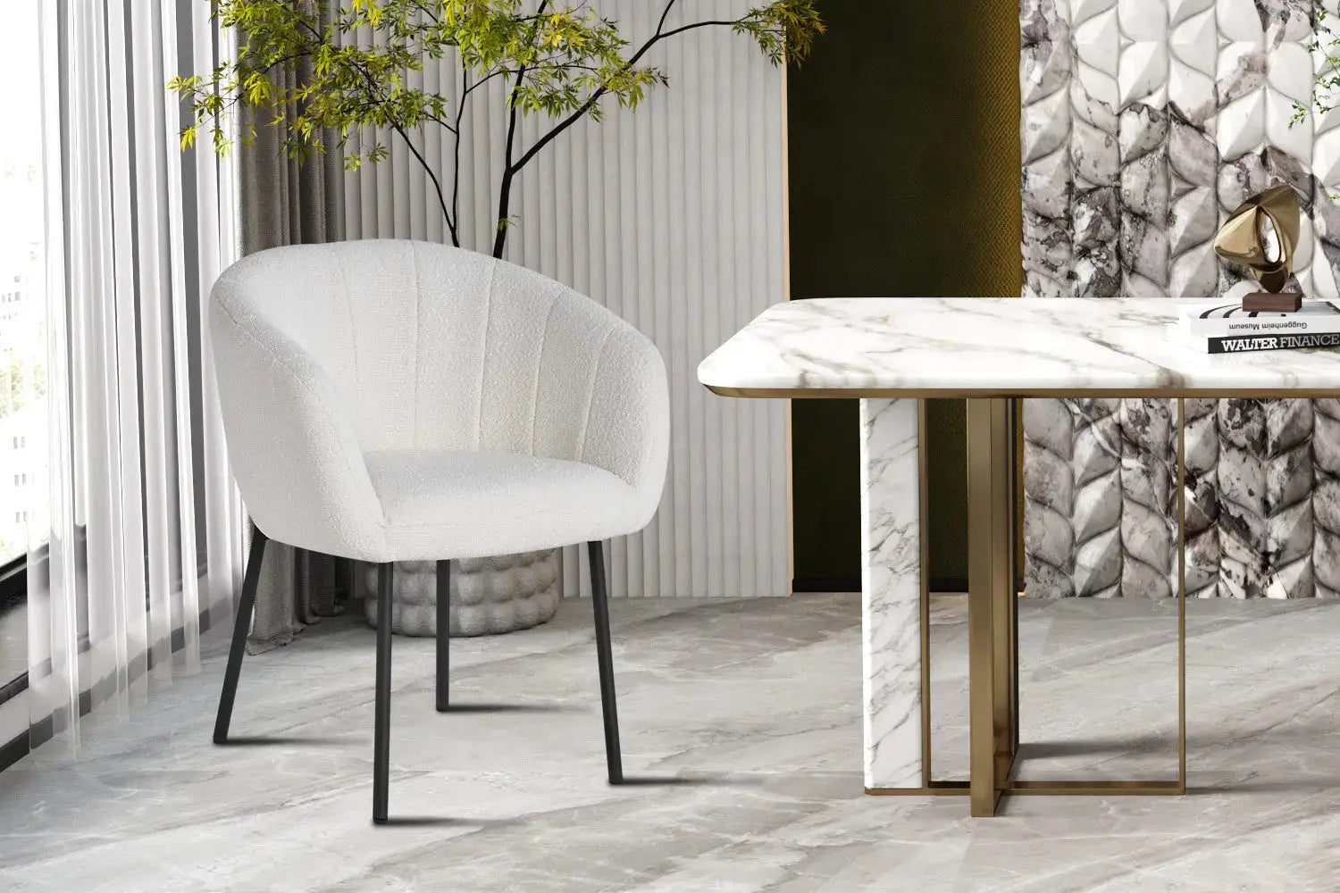 Chaise de salle à manger SAVINA Bouclé Blanc avec accoudoirs – 57 x 62 cm | TIKAYLA