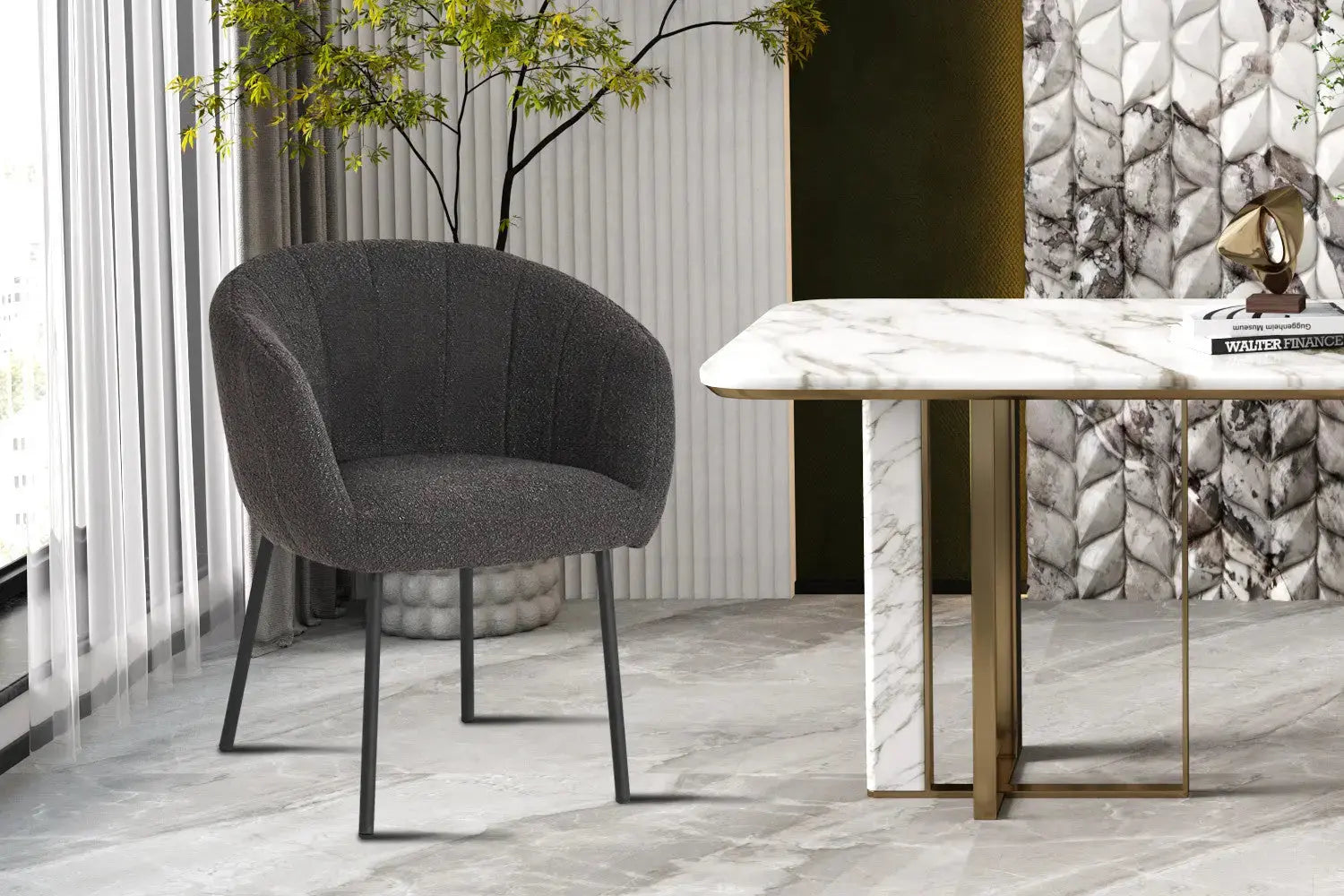 Chaise de salle à manger SAVINA Bouclé Gris avec accoudoirs – 57 x 62 cm | TIKAYLA