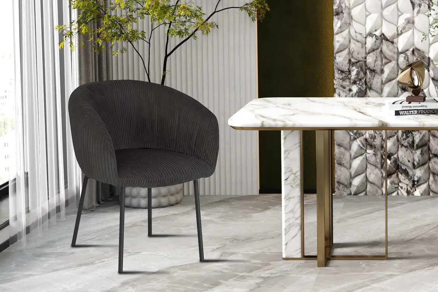 Chaise de salle à manger SAVINA Velours côtelé Gris avec accoudoirs – 57 x 62 cm | TIKAYLA