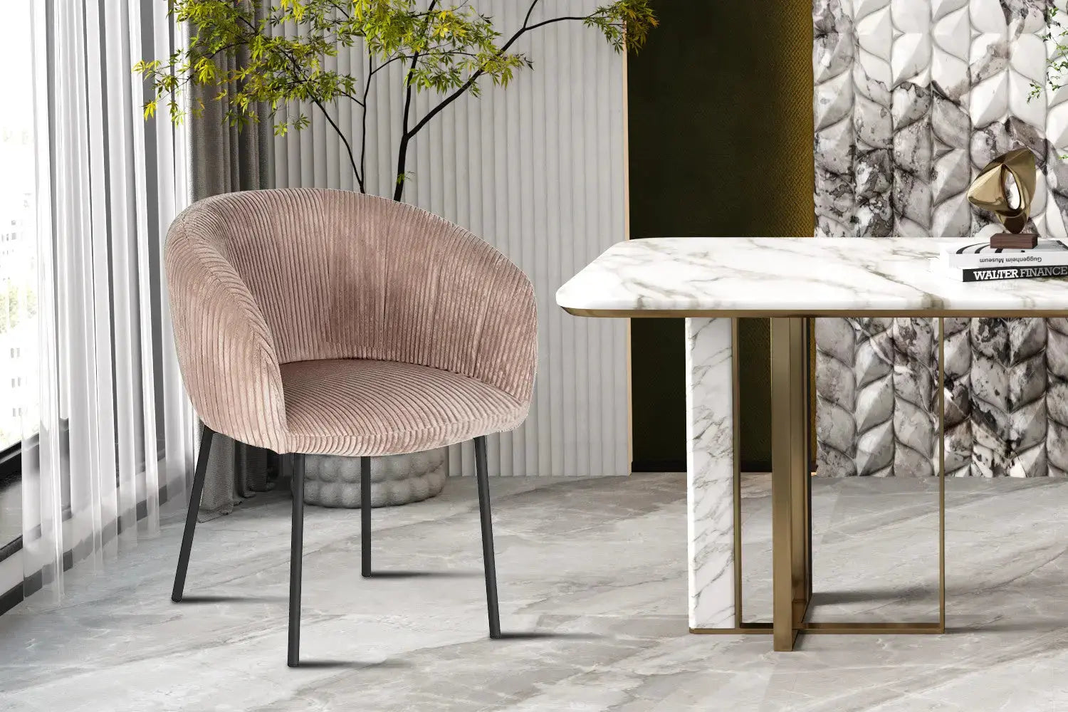 Chaise de salle à manger SAVINA Velours côtelé Sable avec accoudoirs – 57 x 62 cm | TIKAYLA