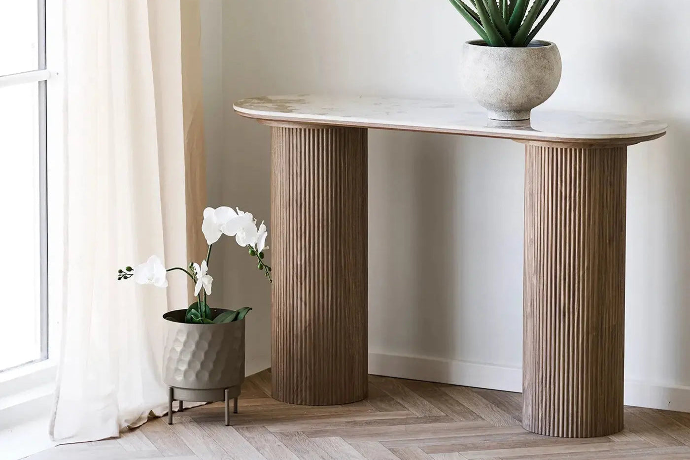 Console ATHENS plateau céramique blanc et marron foncé, 120 x 40 x 78 cm - TIKAYLA