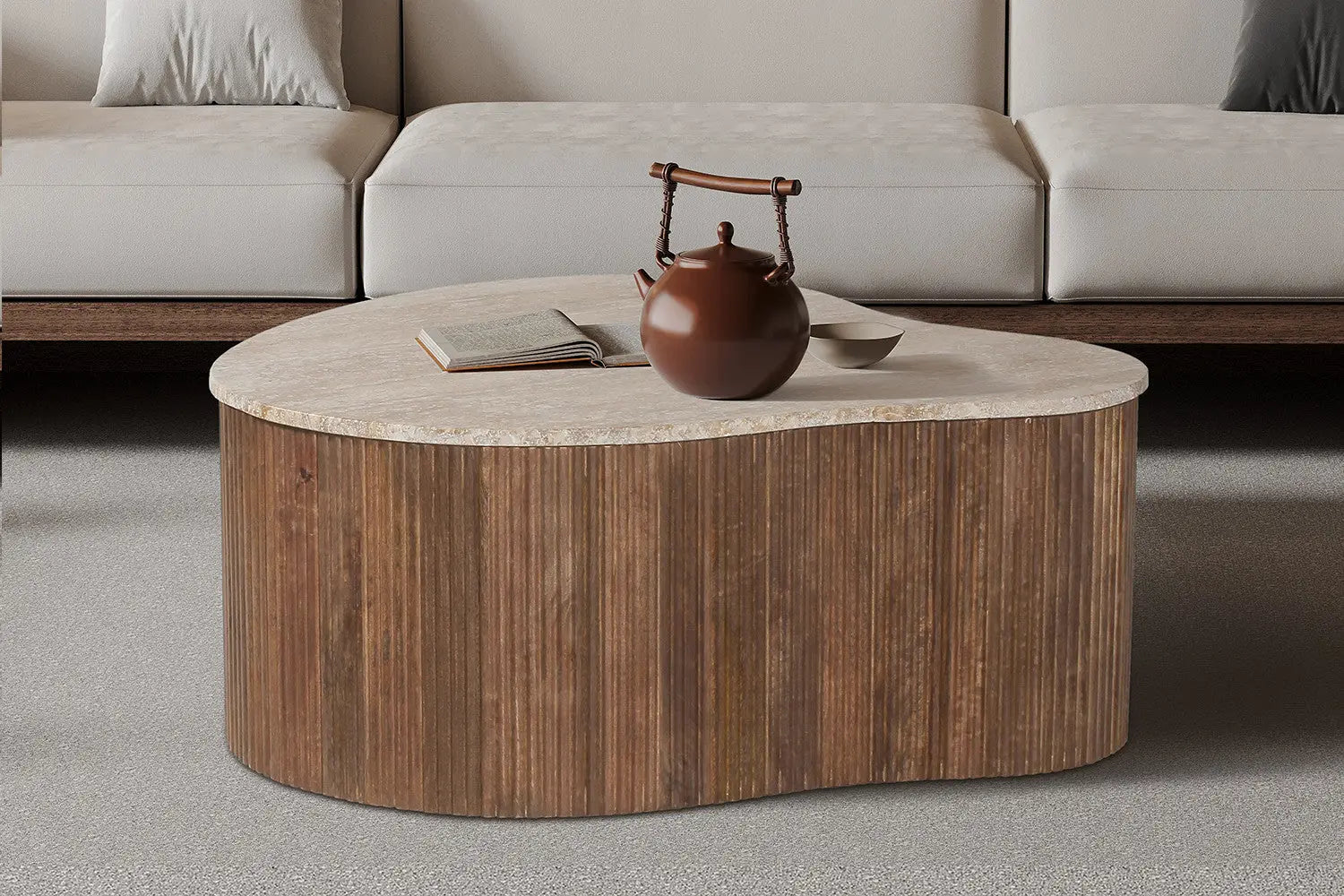 Table basse en bois de manguier avec plateau en travertin beige ELY - 83 cm chez TIKAYLA