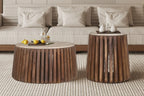 EYAN - Table basse Ronde en Bois de manguier avec plateau effet Travertin Beige - 40 cm ROUSSEAU