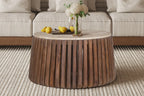 EYAN - Table basse Ronde en Bois de manguier avec plateau effet Travertin Beige - 70 cm ROUSSEAU