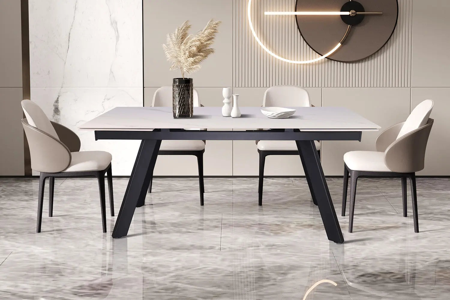 Table à manger extensible rectangulaire HIRA plateau en pierre, 160 à 240 cm, chez TIKAYLA