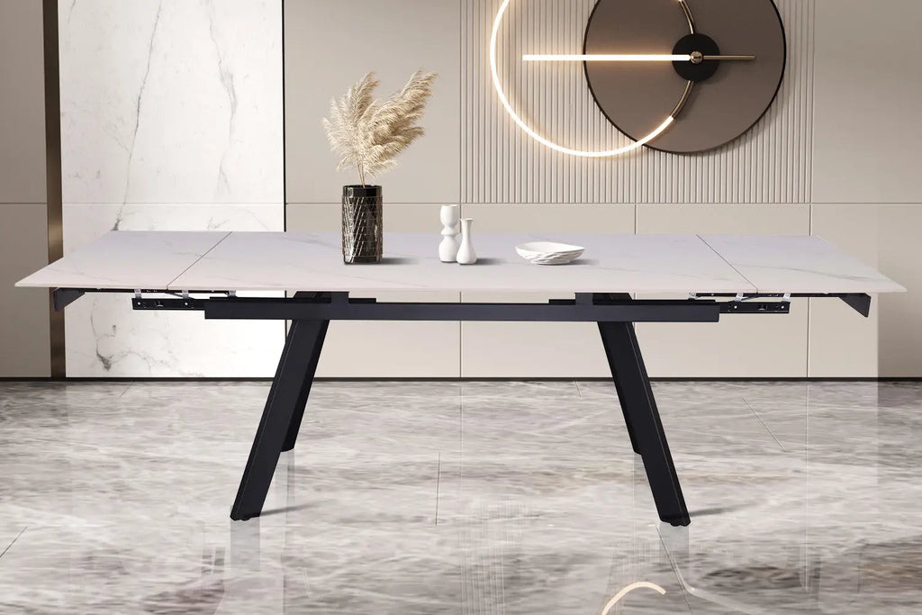 HIRA - Table à Manger Extensible Rectangulaire Plateau en Pierre - 160 à 240 cm - Blanc ROUSSEAU