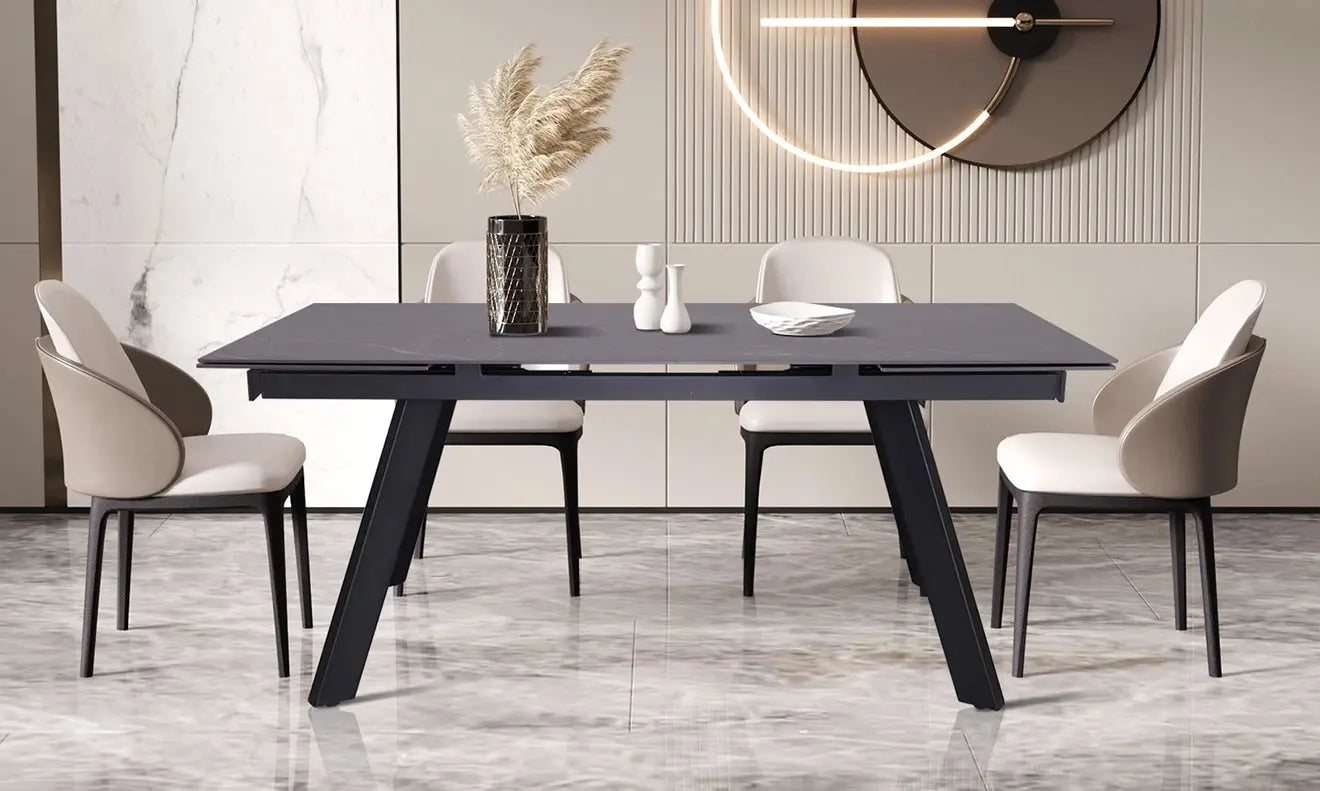 HIRA - Table à Manger Extensible Rectangulaire Plateau en Pierre - 160 à 240 cm - Noir ROUSSEAU