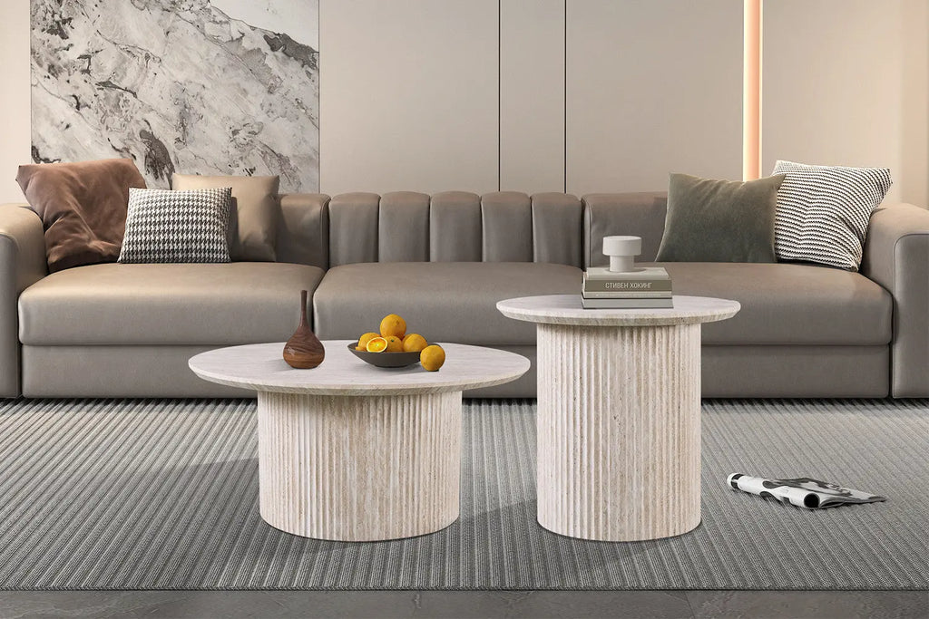 LYANE - Table Basse Ronde - 50 cm - Effet Travertin Beige ROUSSEAU