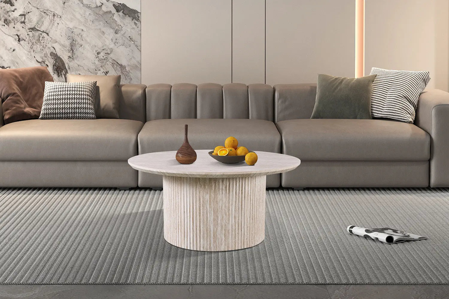 Table basse ronde LYANE effet travertin beige de 80 cm chez TIKAYLA