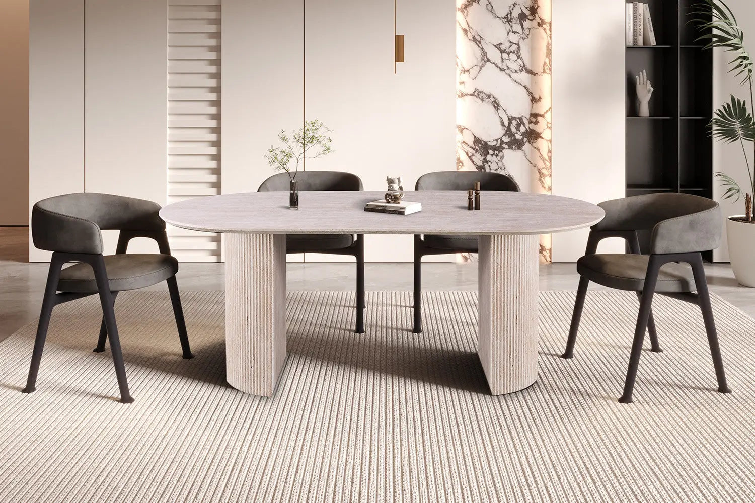 Table à manger ovale LYANE effet travertin beige de 200 cm, dressée pour huit personnes, chez TIKAYLA