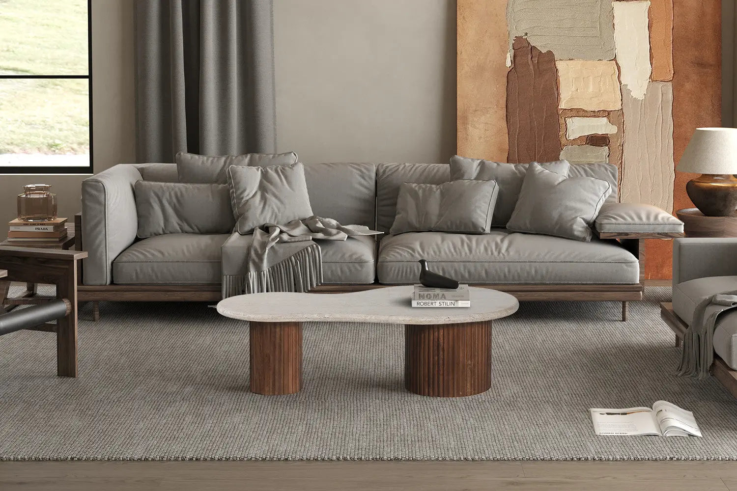 MARLEY - Table basse en Bois de manguier avec plateau en Travertin Beige - 120 cm ROUSSEAU