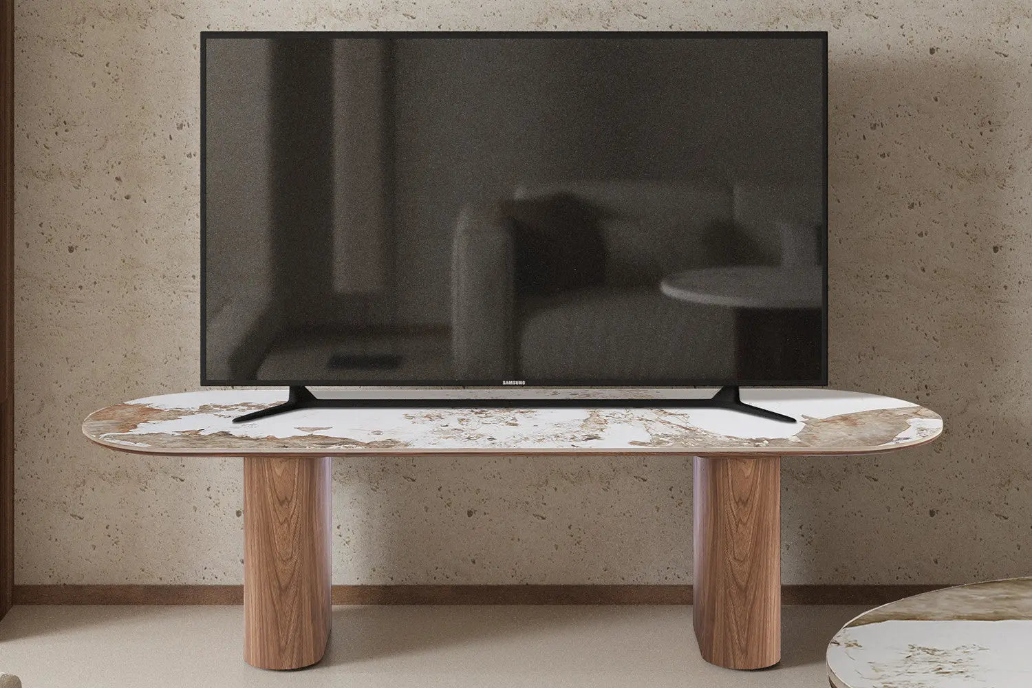 Meuble TV AVORA 160 cm plateau pierre brillante beige et structure MDF