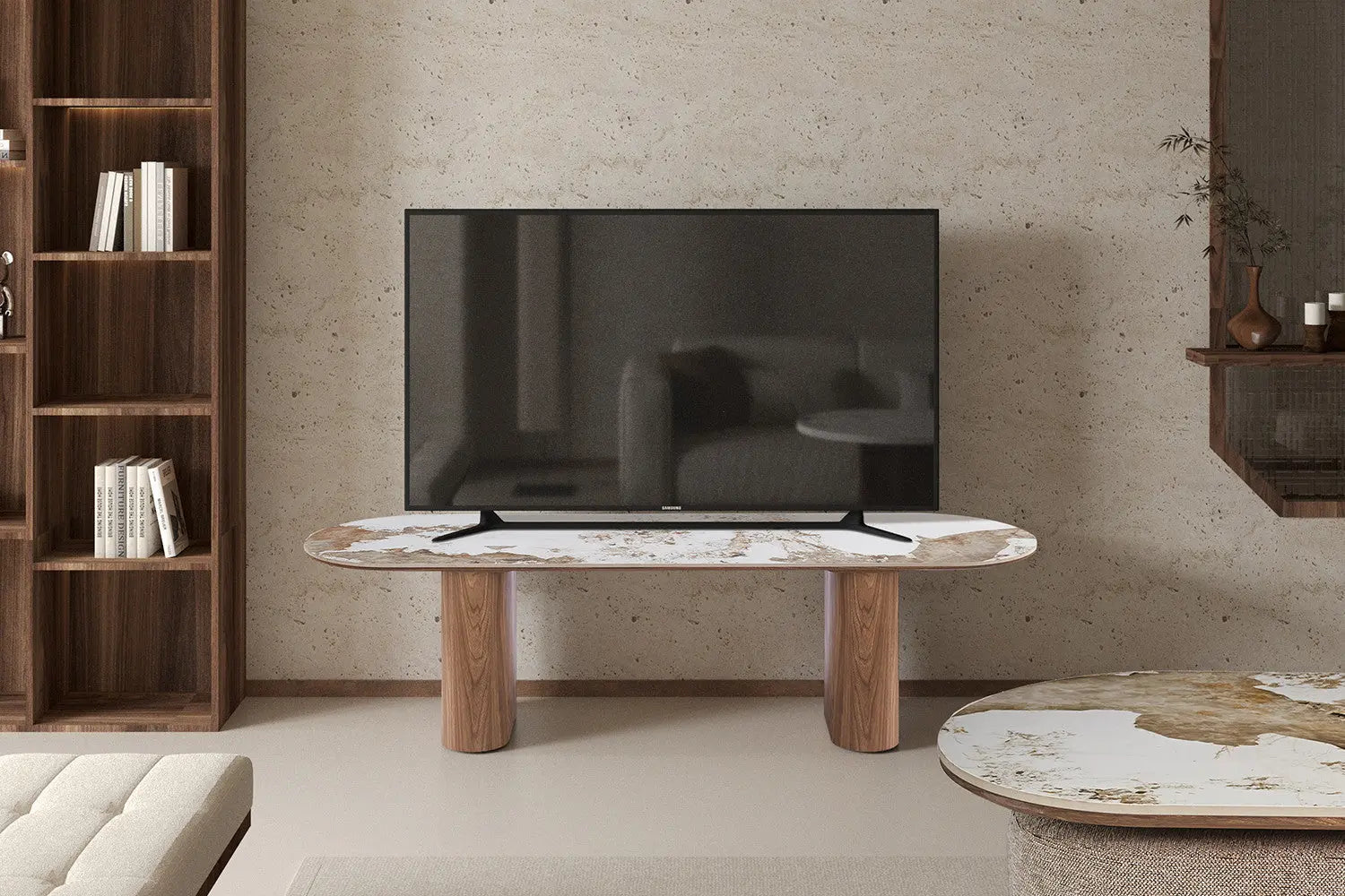 Meuble TV AVORA beige en situation dans un salon contemporain