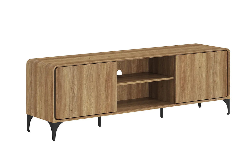 Meuble TV FLORANCYA 170 cm décor chêne naturel, portes arrondies et pieds métal arqués