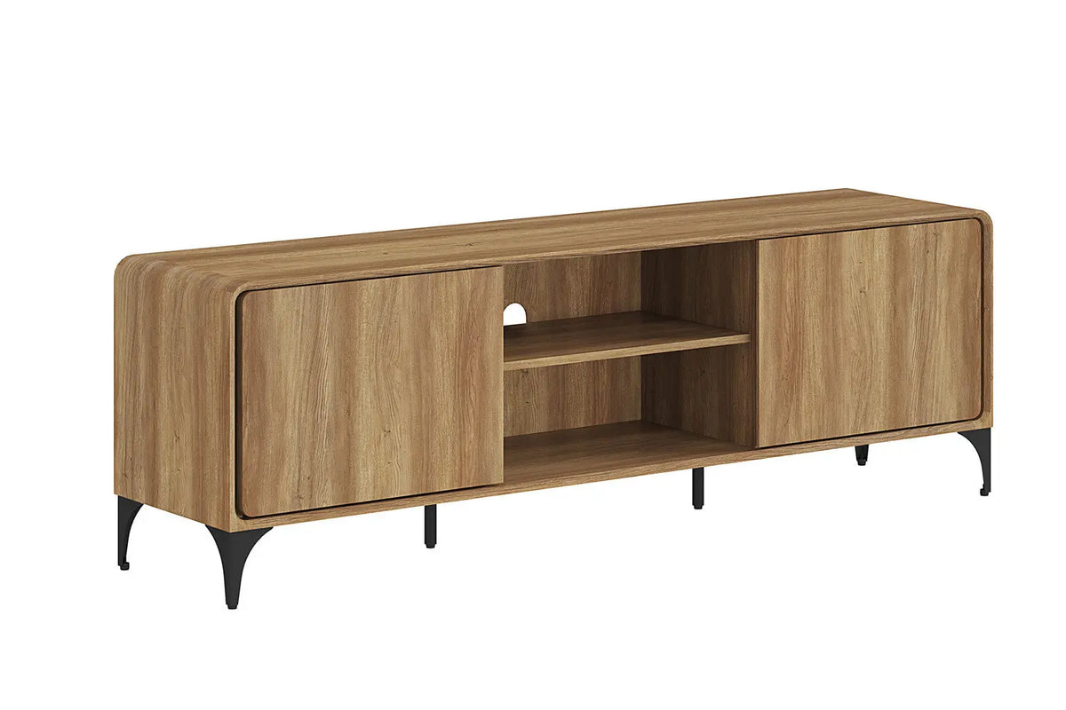 Meuble TV FLORANCYA 170 cm décor chêne naturel, portes arrondies et pieds métal arqués