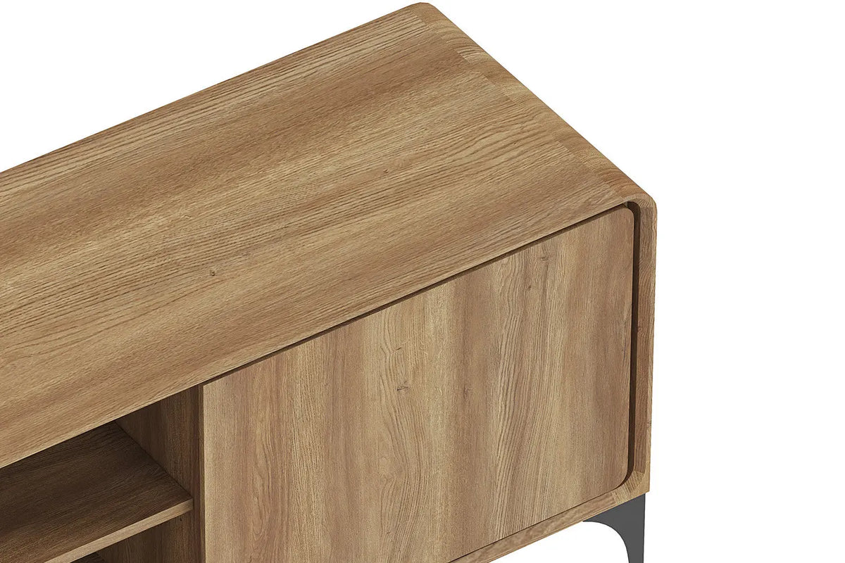 Détail de l'angle arrondi et du plateau du meuble TV FLORANCYA