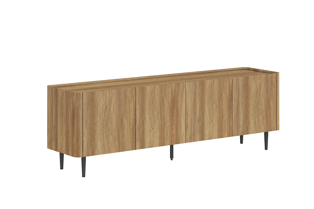 Meuble TV KYOTA 170 cm décor chêne naturel, quatre portes et pieds métal noir