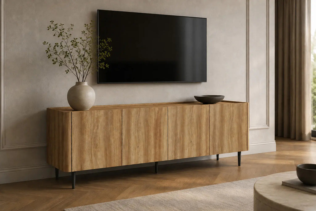 Meuble TV KYOTA décor chêne naturel dans un salon avec téléviseur mural