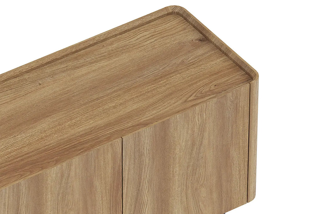Détail de l'angle et du plateau à relief du meuble TV KYOTA