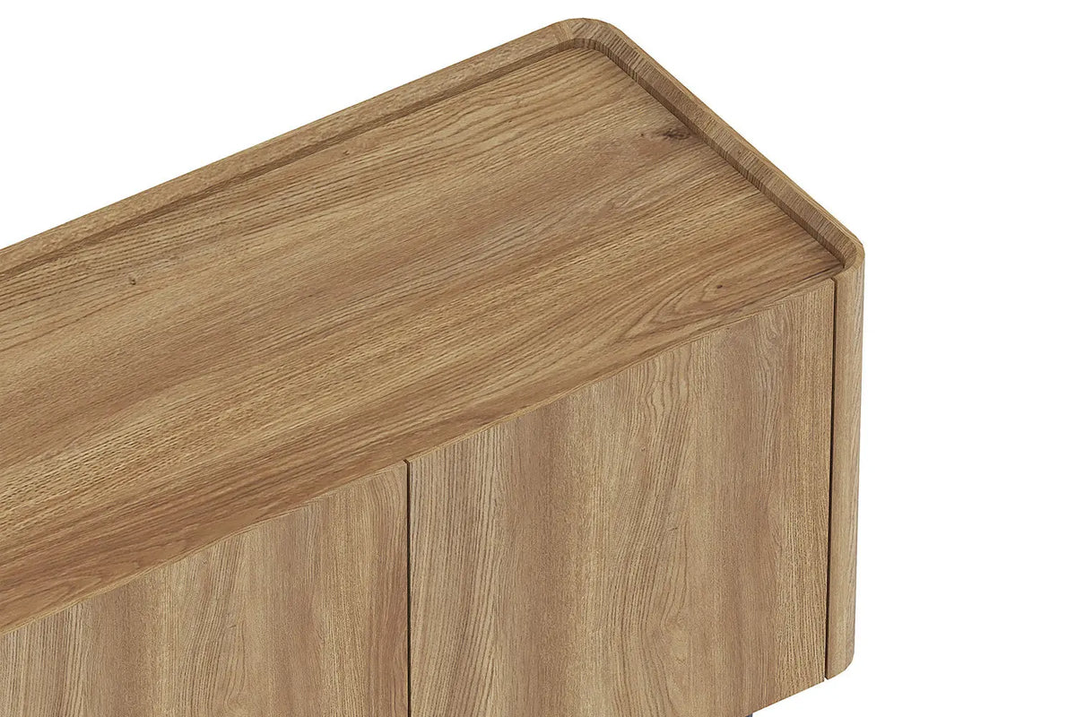 Détail de l'angle et du plateau à relief du meuble TV KYOTA
