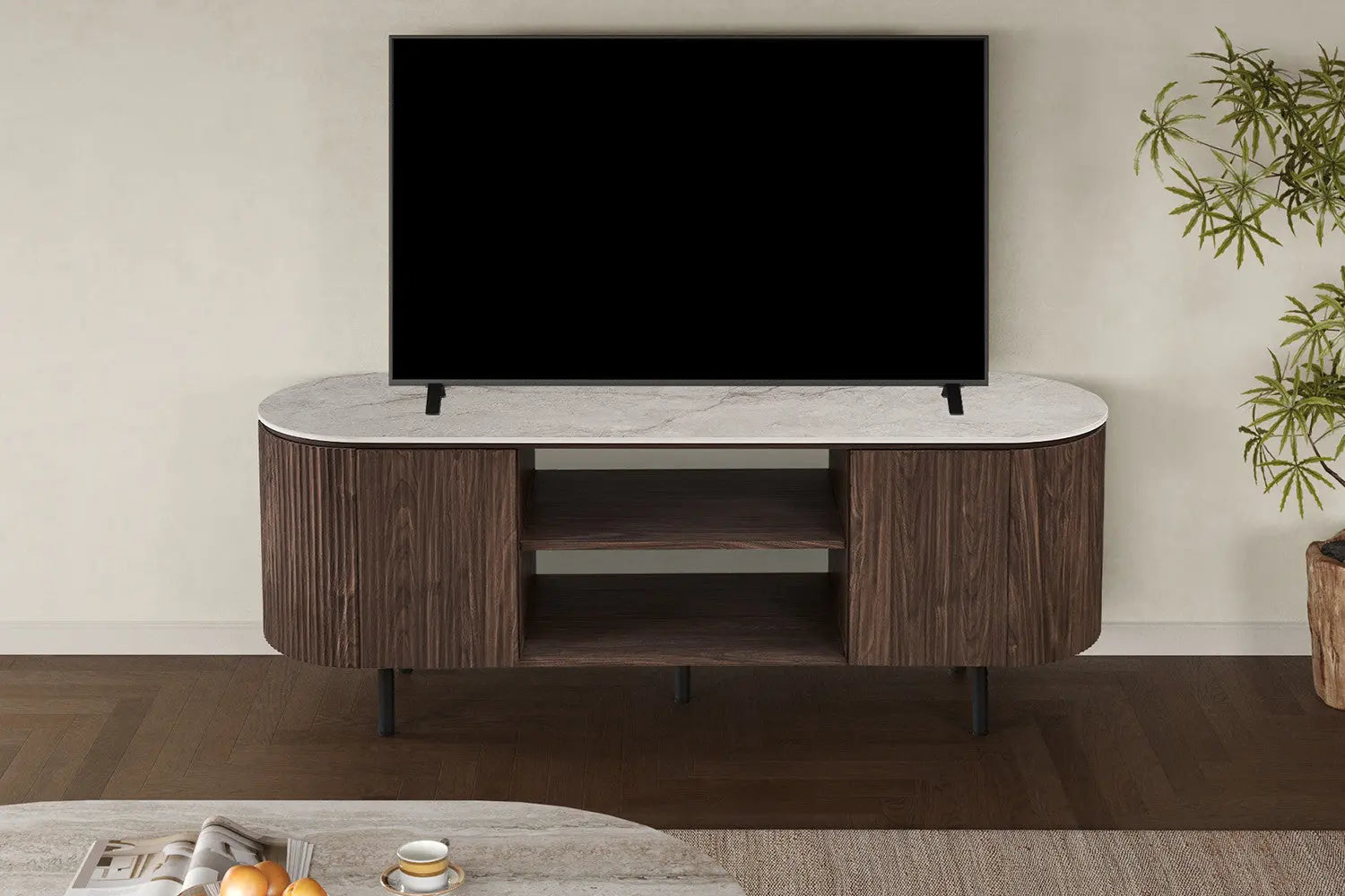Meuble TV VEKO 160 cm Décor Chêne Foncé Plateau Pierre Frittée Beige - vue principale