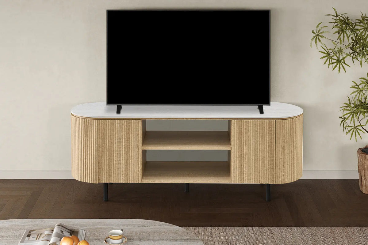Meuble TV VEKO 160 cm Décor Chêne Naturel Plateau Pierre Frittée Gris - vue principale