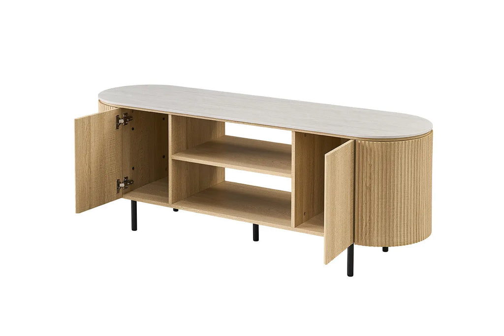 Meuble TV VEKO 160 cm Chêne Naturel - détail décor relief vertical et pieds métal noir