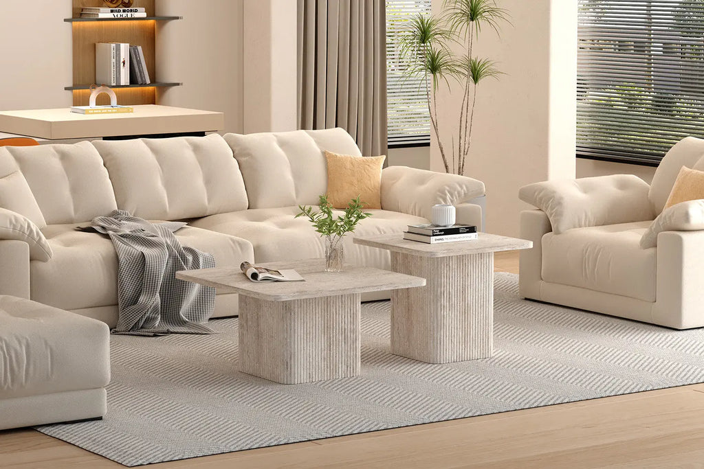NOLYA - Lot de 2 Table basses Effet Travertin Beige - 52x60 cm et 80x80 cm ROUSSEAU
