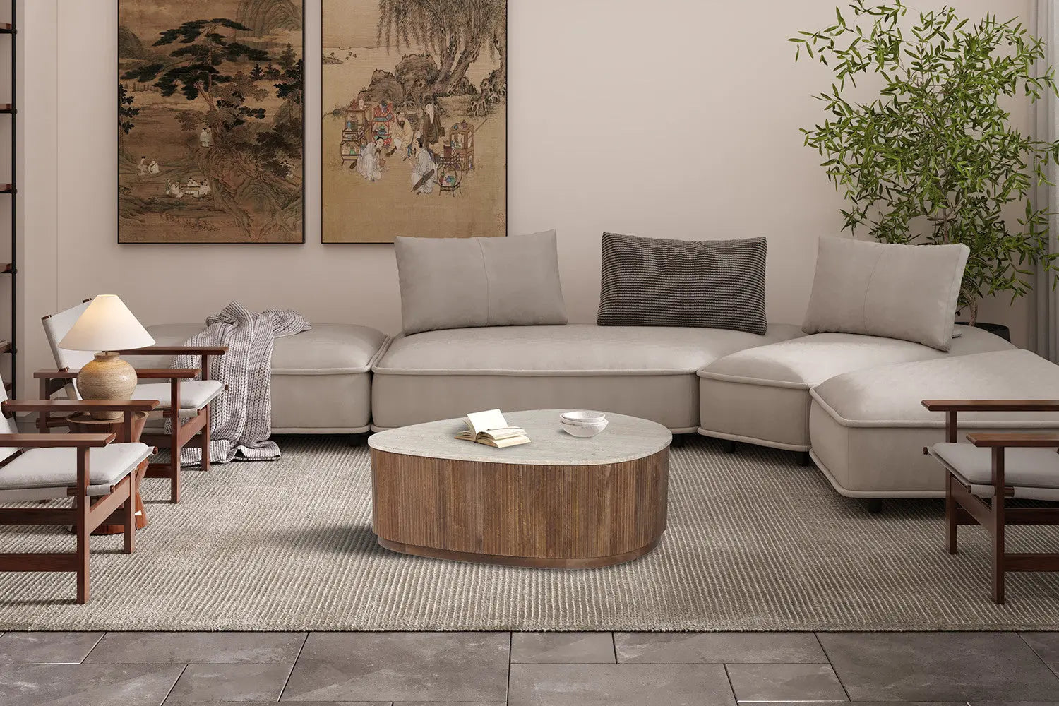 ORYS - Table basse en Bois de manguier avec plateau en Travertin Beige - 100 cm ROUSSEAU