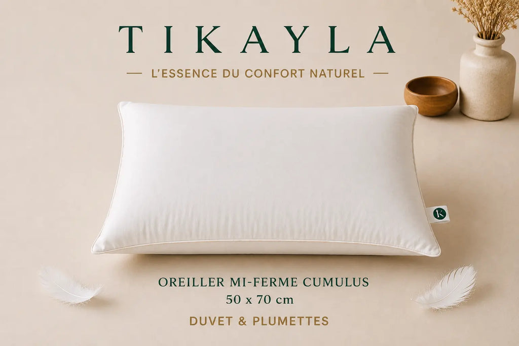 Oreiller mi-ferme CUMULUS – 30 % duvet, 70 % plumettes TIKAYLA