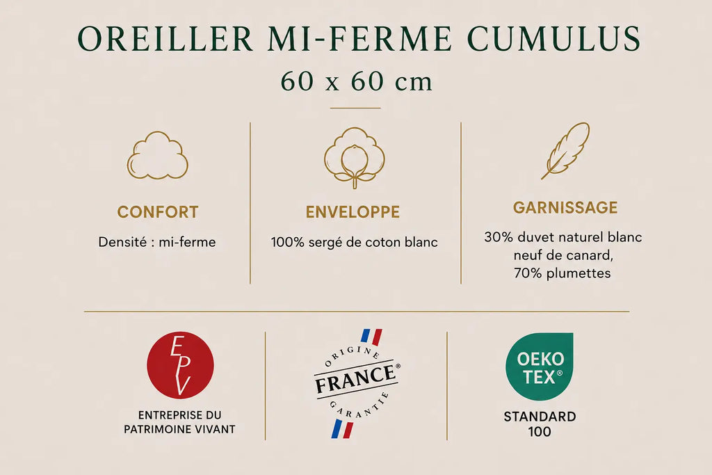 Oreiller mi-ferme CUMULUS – 30 % duvet, 70 % plumettes TIKAYLA