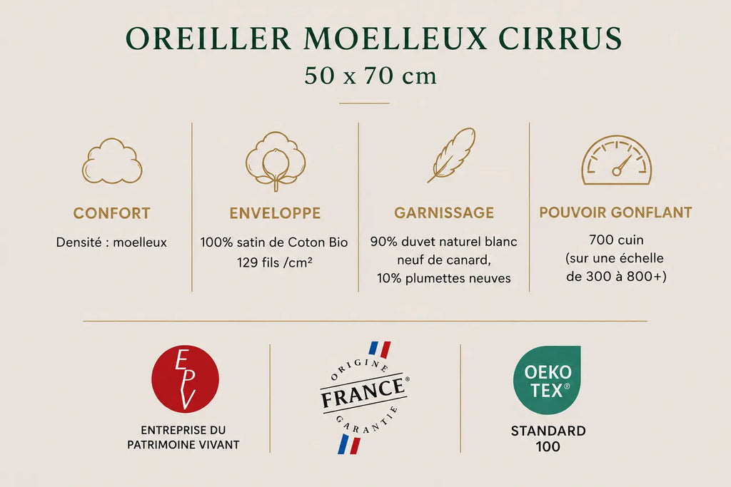 Oreiller moelleux CIRRUS – 90 % duvet de canard français TIKAYLA