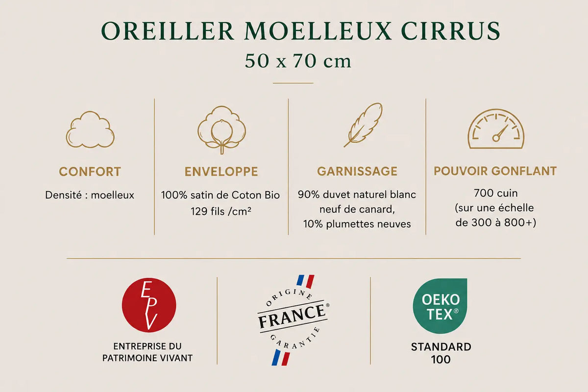 Oreiller moelleux CIRRUS – 90 % duvet de canard français TIKAYLA