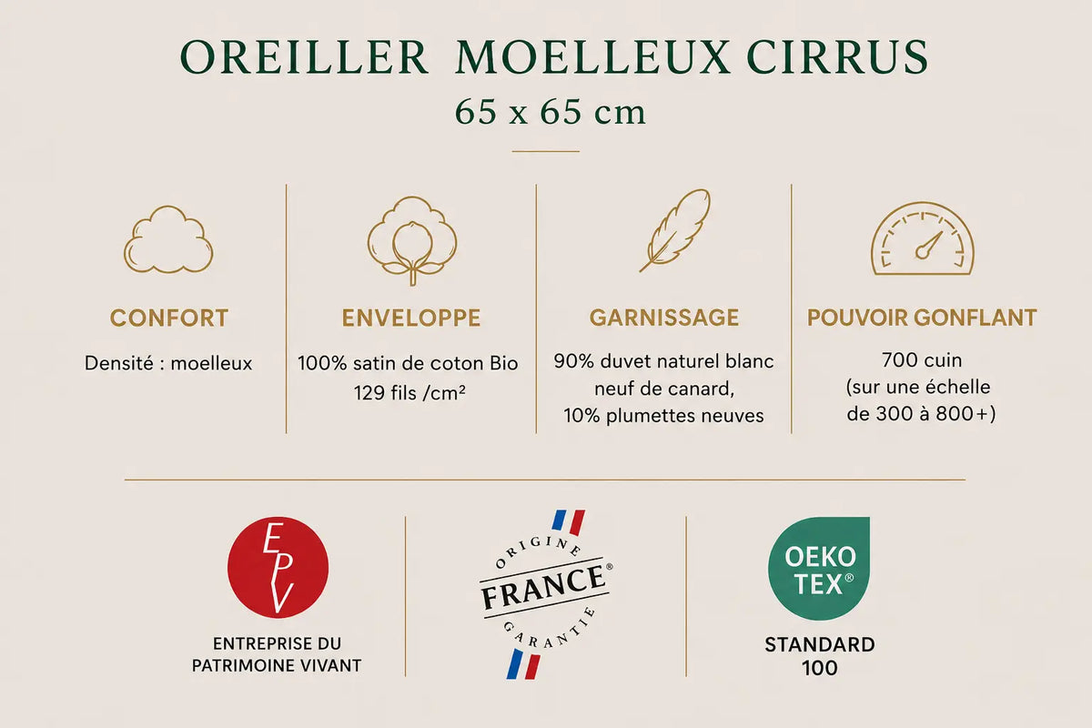 Oreiller moelleux CIRRUS – 90 % duvet de canard français TIKAYLA