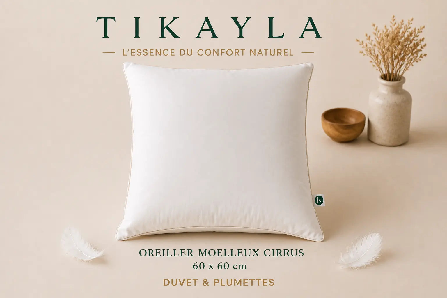 Oreiller moelleux CIRRUS – 90 % duvet de canard français TIKAYLA
