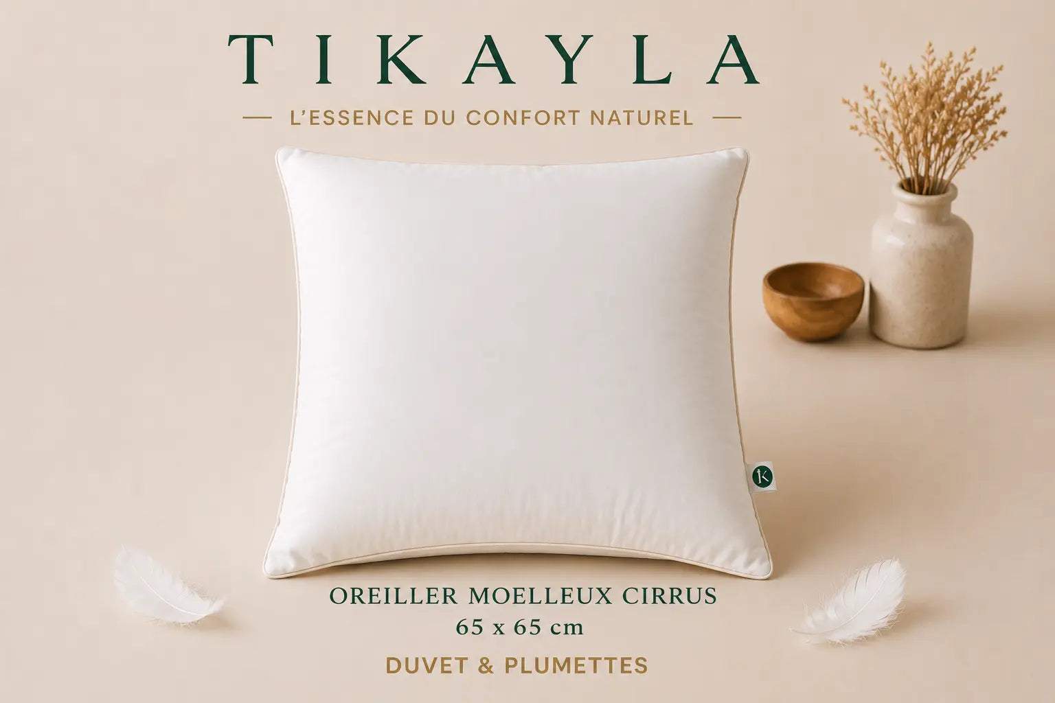 Oreiller moelleux CIRRUS – 90 % duvet de canard français TIKAYLA