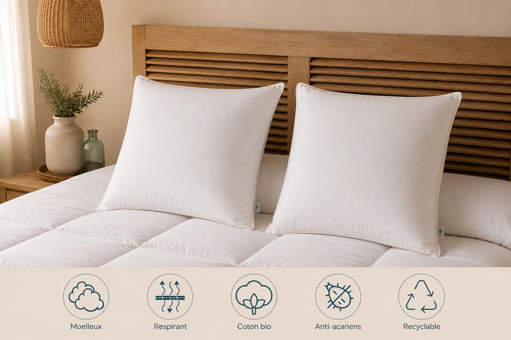 Oreiller moelleux CIRRUS – 90 % duvet de canard français TIKAYLA