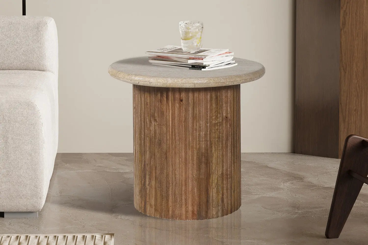 TAËL - Table d'appoint Ronde en Bois de manguier avec plateau en travertin beige - 50 cm