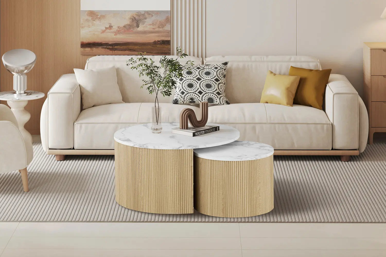 Table Basse Gigogne Ronde en Effet Marbre Beige ROWANE - H : 42/37cm TIKOYA