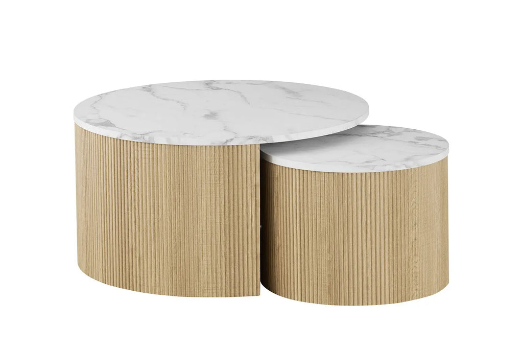 Table Basse Gigogne Ronde en Effet Marbre Beige ROWANE - H : 42/37cm TIKOYA