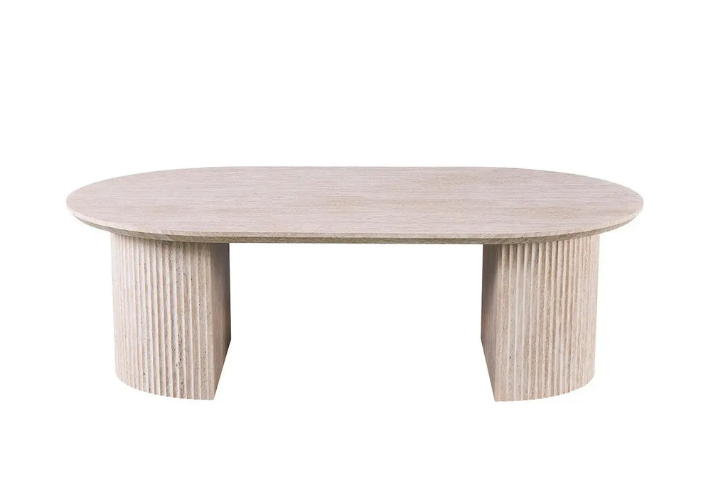 Table basse ovale LYANE effet travertin beige - 120 cm - ROUSSEAU chez TIKAYLA