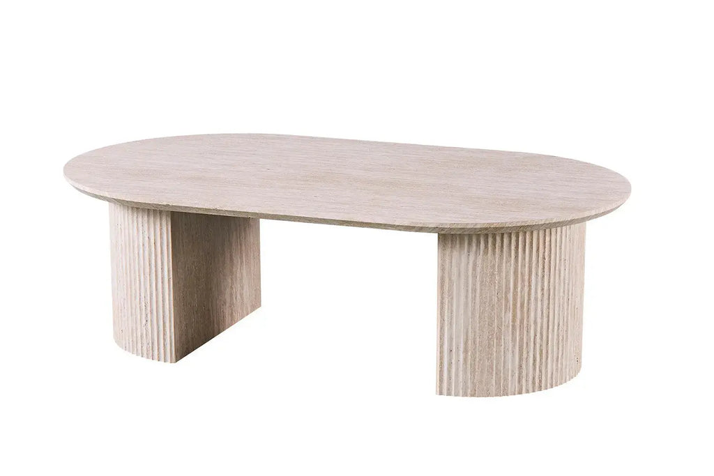 Table basse ovale LYANE effet travertin beige - 120 cm - ROUSSEAU chez TIKAYLA
