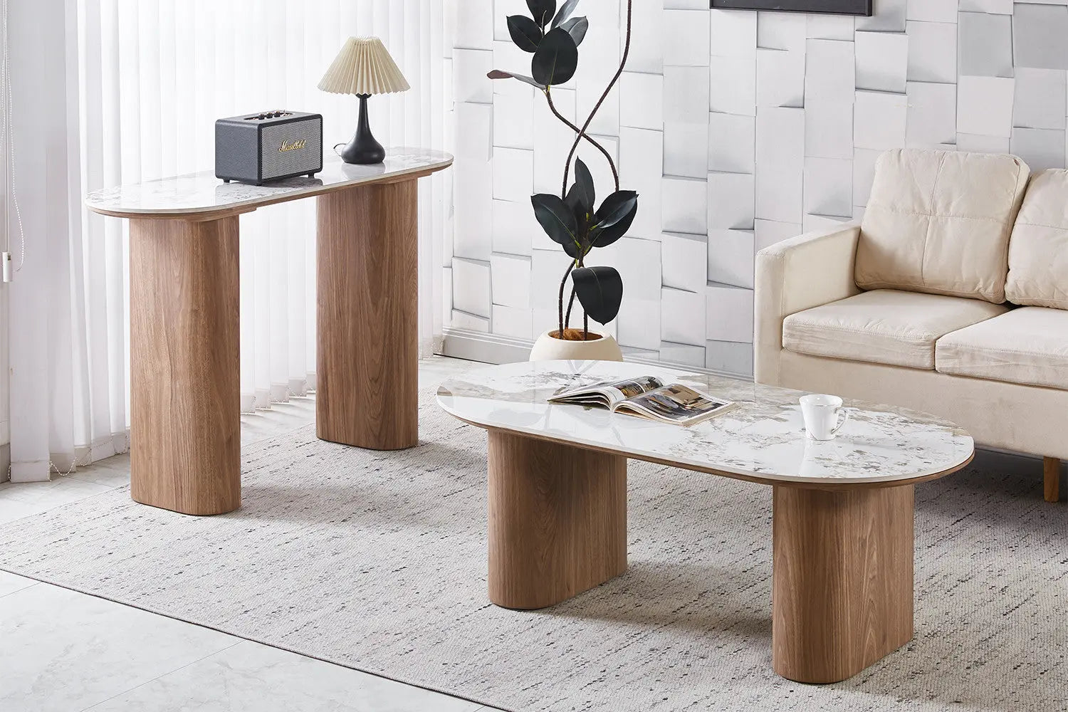 Table Basse Ovale en Pierre Brillante AVORA Beige - 120 x 60 cm TIKOYA