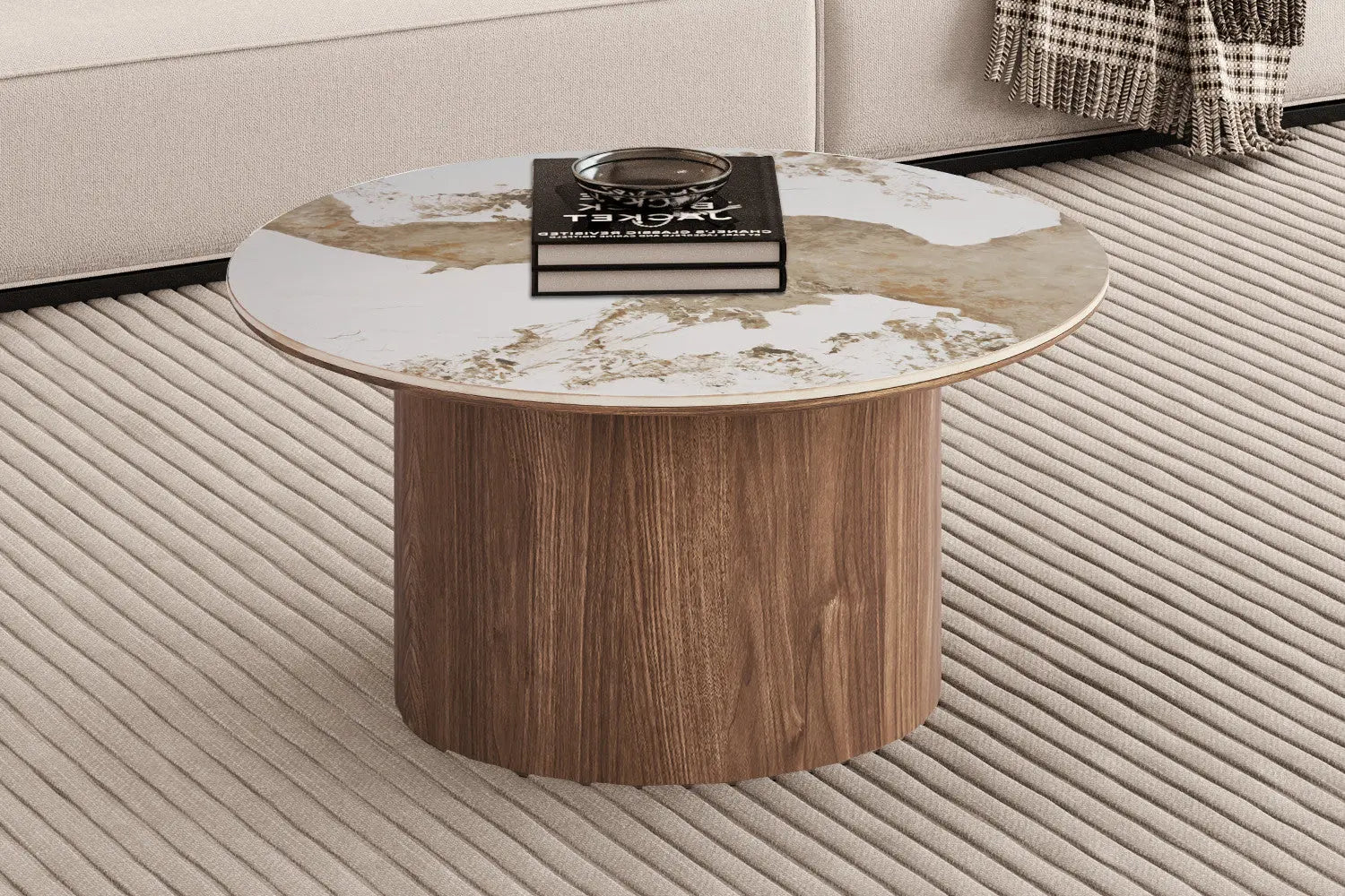 Table basse ronde AVORA 80 cm plateau pierre brillante beige
