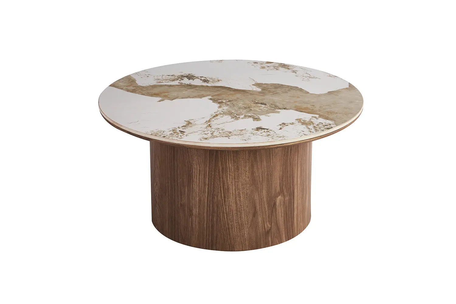 Table basse AVORA vue de trois quarts avec pied arrondi