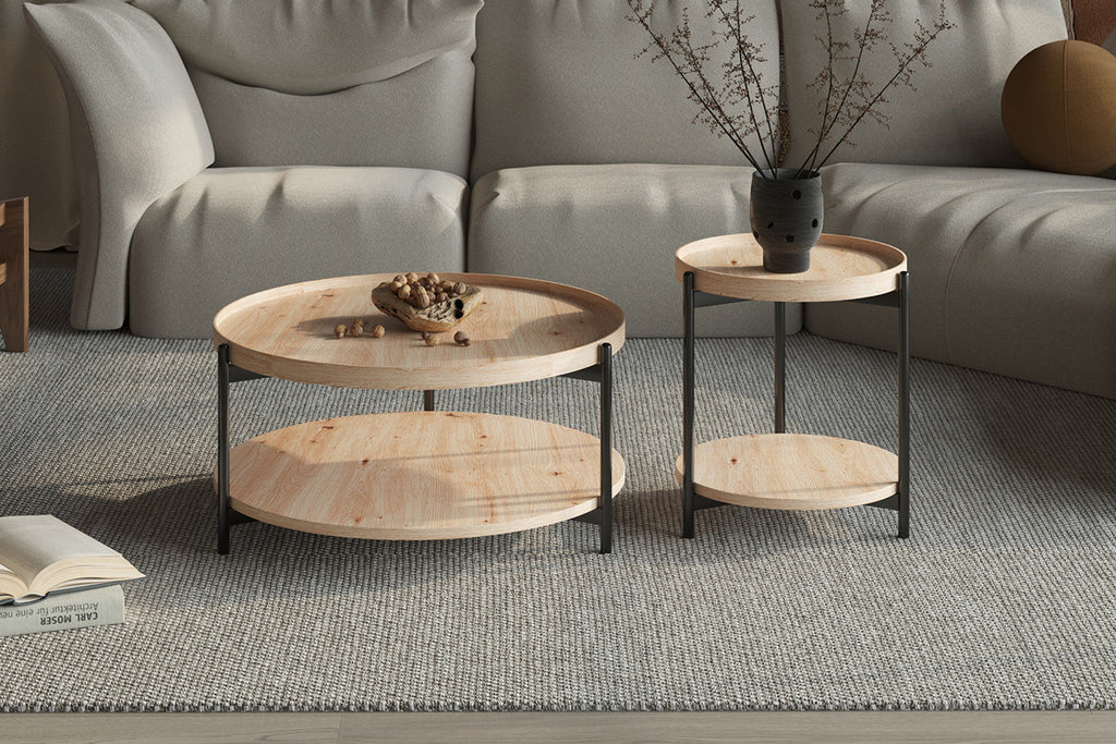 Table Basse Ronde Effet Chêne Vieilli DALYNA avec des pieds en acier noir - 45 cm ROUSSEAU